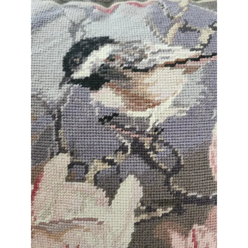 Vintage Chickadee Bird Magnolia Flowers Needlepoint Fringe Throw Pillow